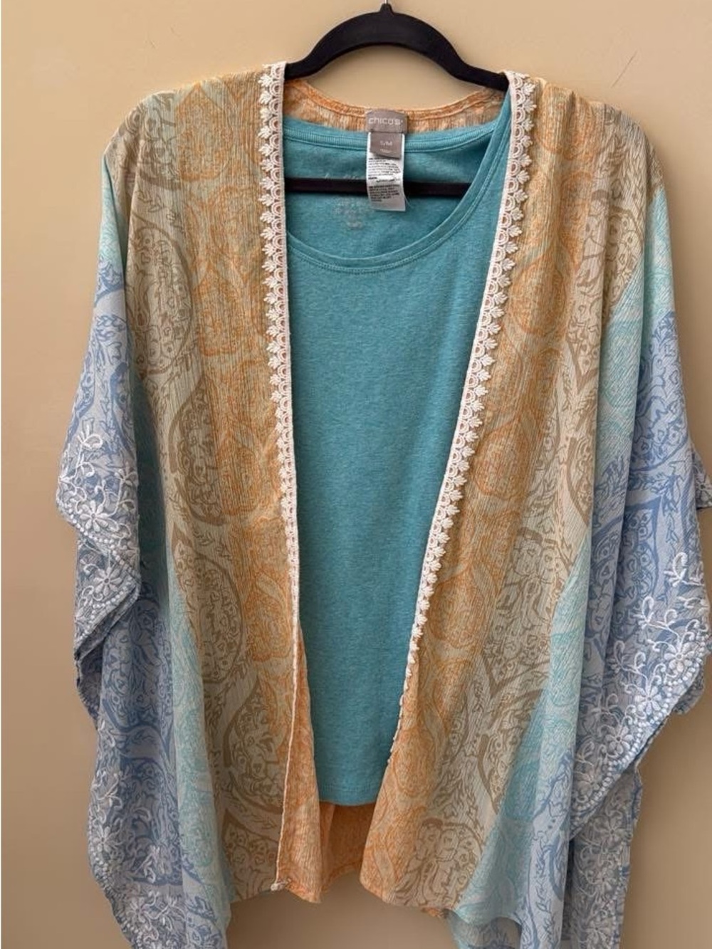 Chico's Two-Tone Teal and Peach Cotton Top